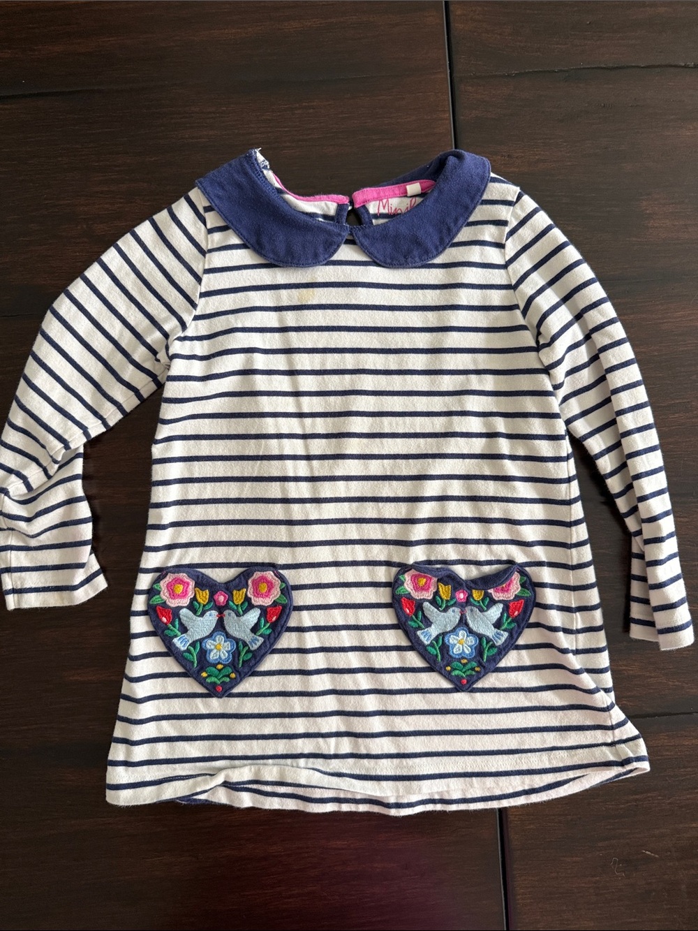 Mini Boden Navy & White Striped Long-Sleeve Dress with Embroidered Heart Pockets